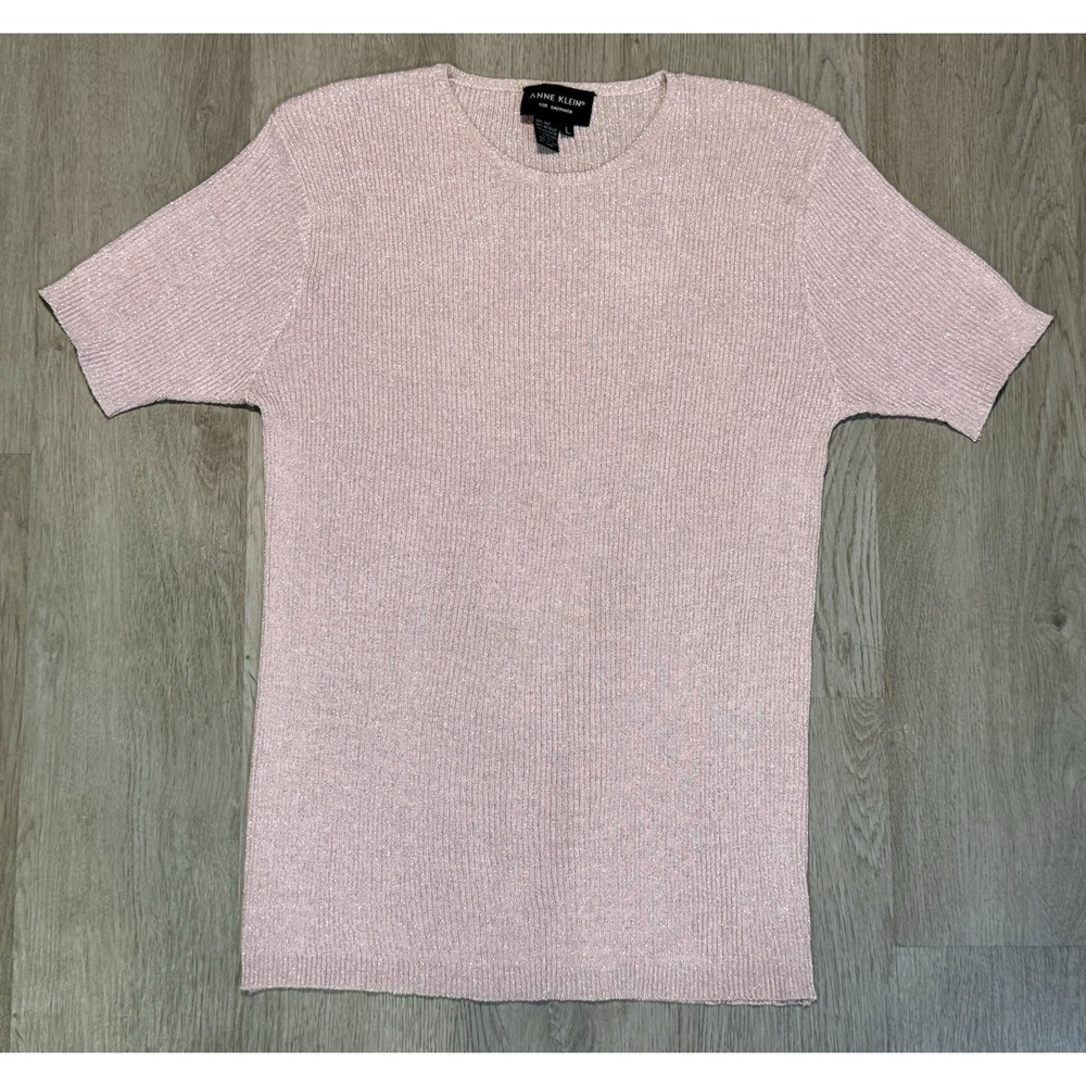 Anne Klein Silk Rib Knit Top Women's Large Pink Metallic Short Sleeve Fitted Y2K